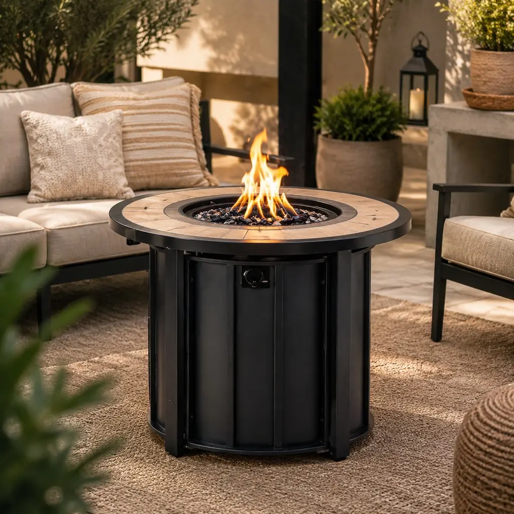 30 in Round Steel Frame Gas Fire Pit Table – 50,000 BTU Smokeless Outdoor Fireplace with Mosaic Ceramic Top, Propane Powered, Weather-Resistant, Includes Lid and Rain Cover