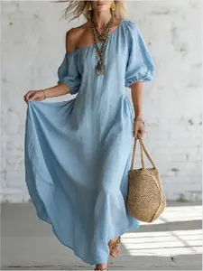 2026 European and American Vacation Style Casual Wear One-Shoulder Linen Bubble Sleeve Long Dress for Women, Slimming and Loose Fit