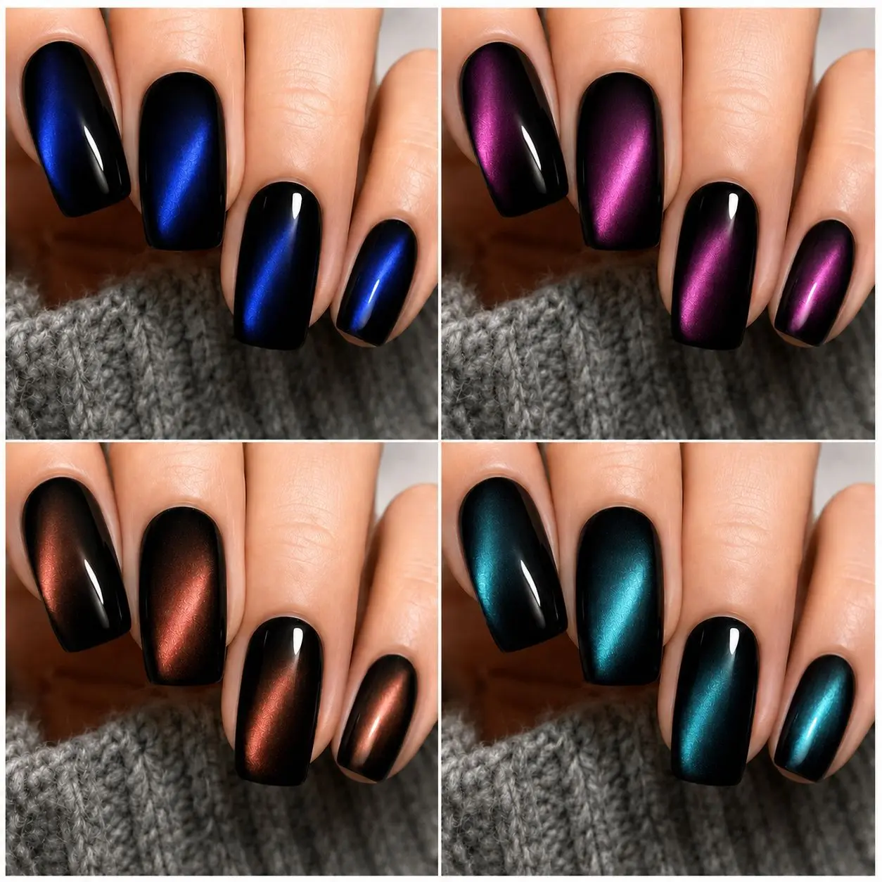 4 Colors Cat Eye Press On Nails Set, Short Square Shape Premium Glossy Pre-shaped Fake Nail Tips, Reusable Acrylic False Nails Kit, Luxury Magnet Cat Eye Manicure Set for Women Daily Party DIY Nail Art
