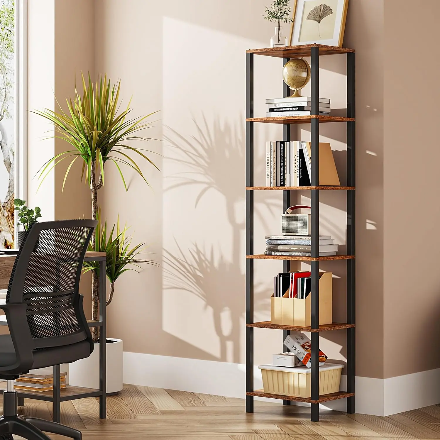 Bookshelf, 6-Tier Tall Narrow Book Shelf for Small Space | 10.7 x 14.5 x 65.3 Inches Skinny Display Shelf with Storage for Living Room, Office, Study, Entryway, Brown