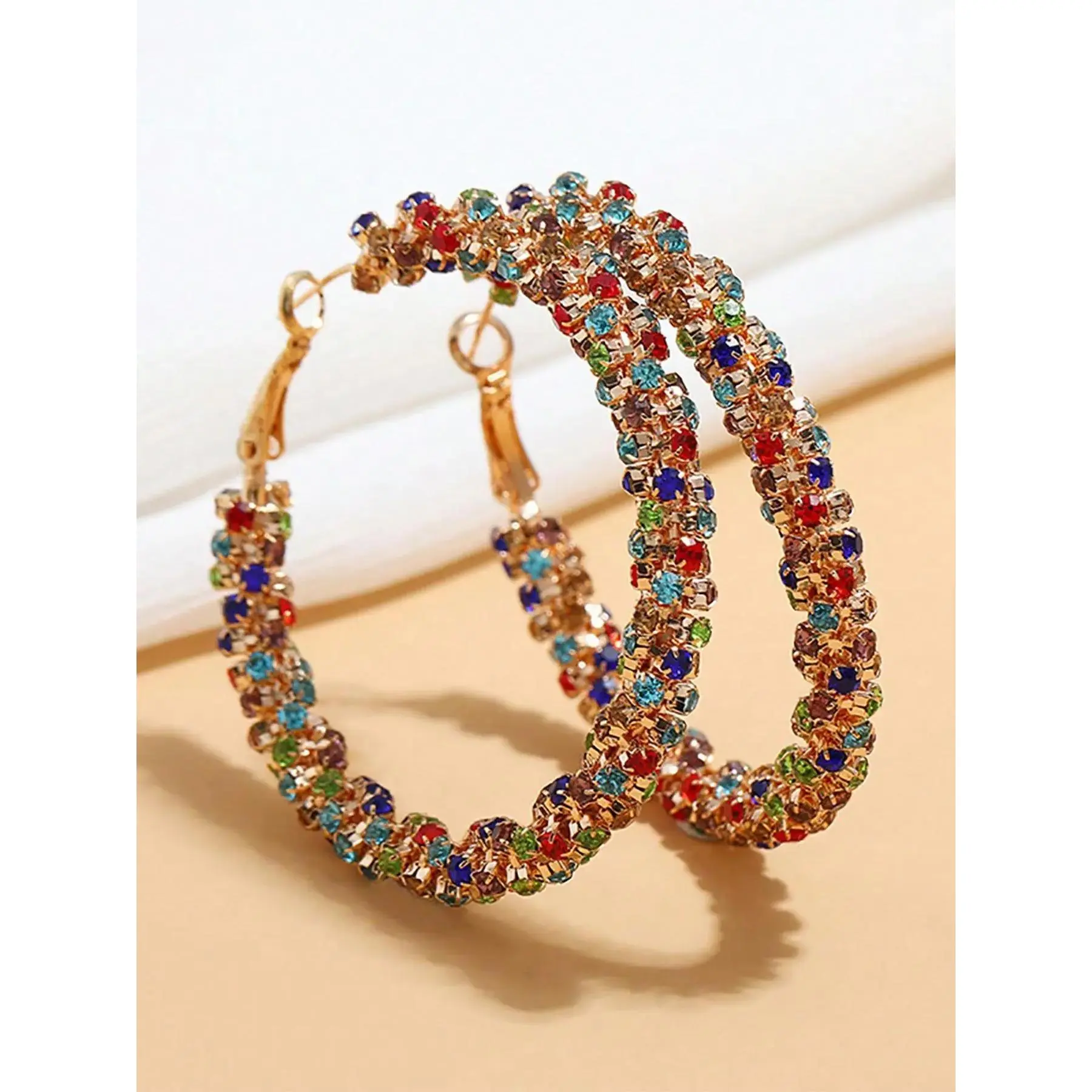 Statement Hoop Earrings for Women, 5.5cm Large Gold-Plated Paved Rhinestones, Alloy Frame Jewelry for Party Wear with Secure Click-Top Closure
