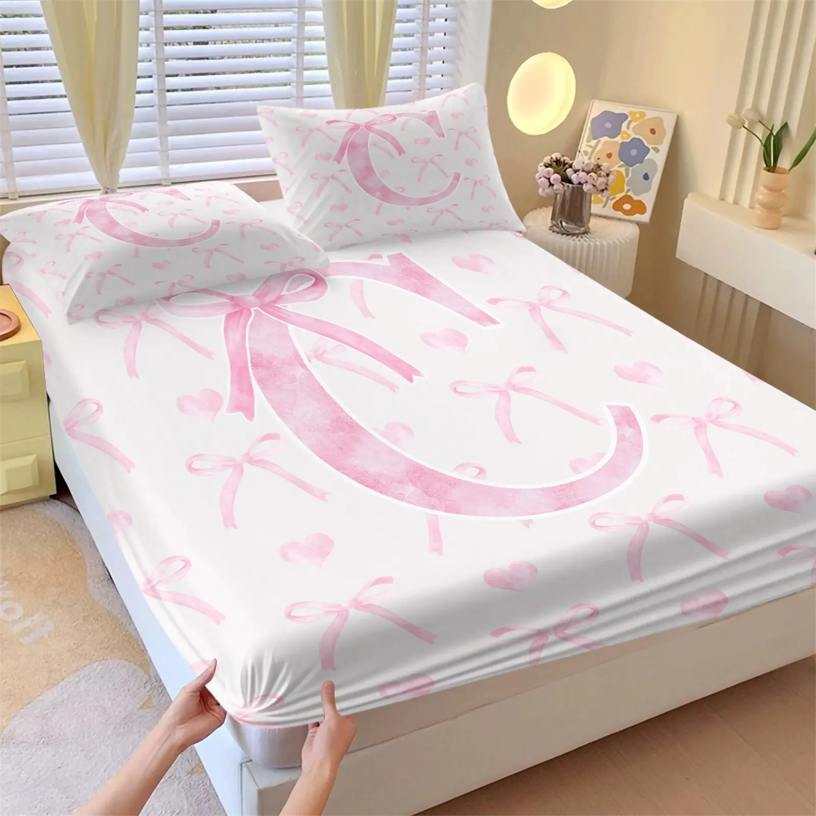 3 Pieces Watercolor Pink Bow Heart Initial C Fitted Sheet Bedding Set, 1 Fitted Sheet + 2 Pillowcases, Soft Comfortable Breathable Mattress Cover, Deep Pocket Non‑Slip Elastic Bed Linens, Cute Coquette Aesthetic Romantic Girly Bedroom Decor