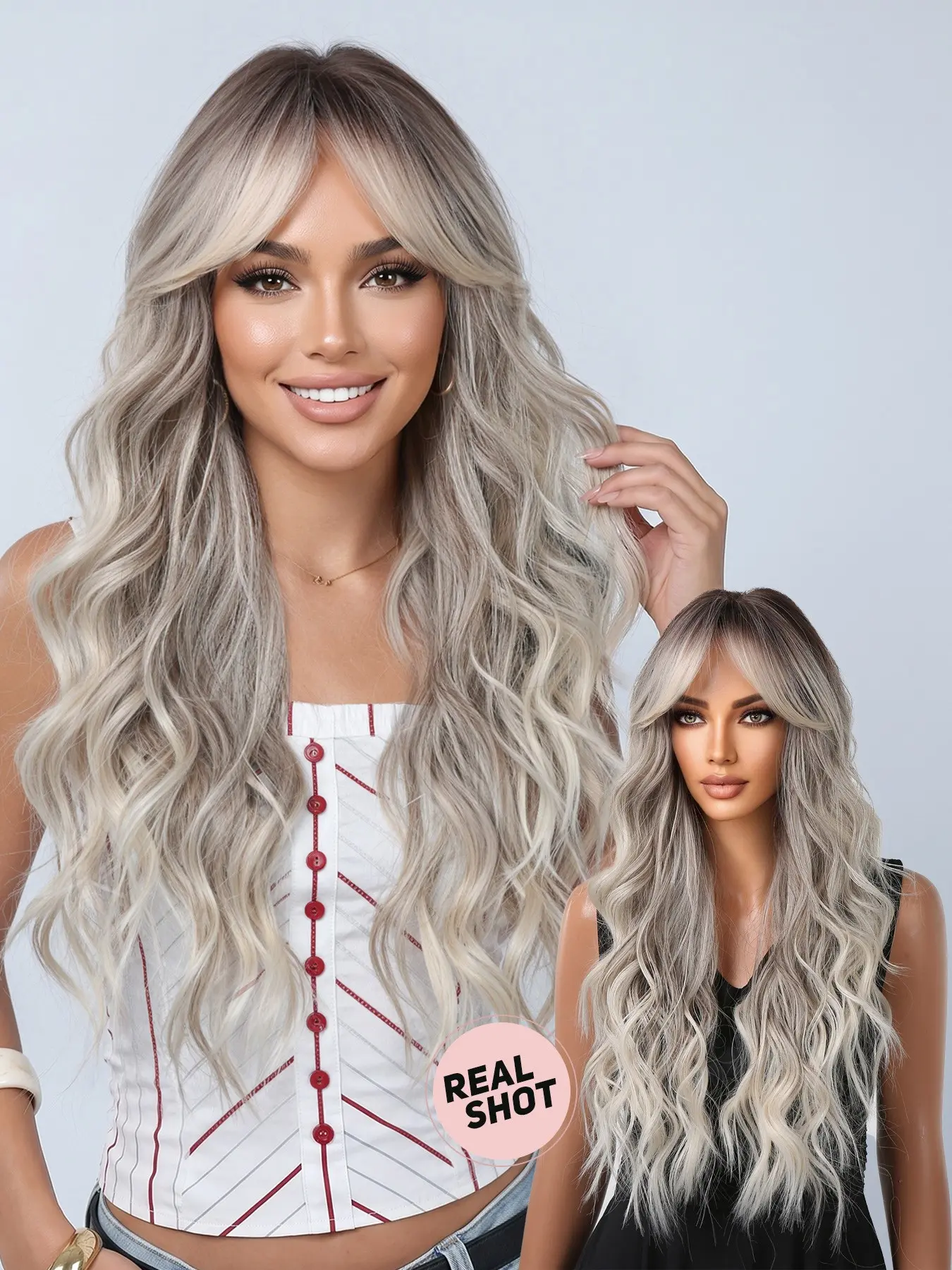 26-Inch Heat-Resistant Synthetic Wig, Long Wavy Wig, Lazy French Long Waves, Women's Daily Wear, Party Use, Curly, with Bangs, All Seasons