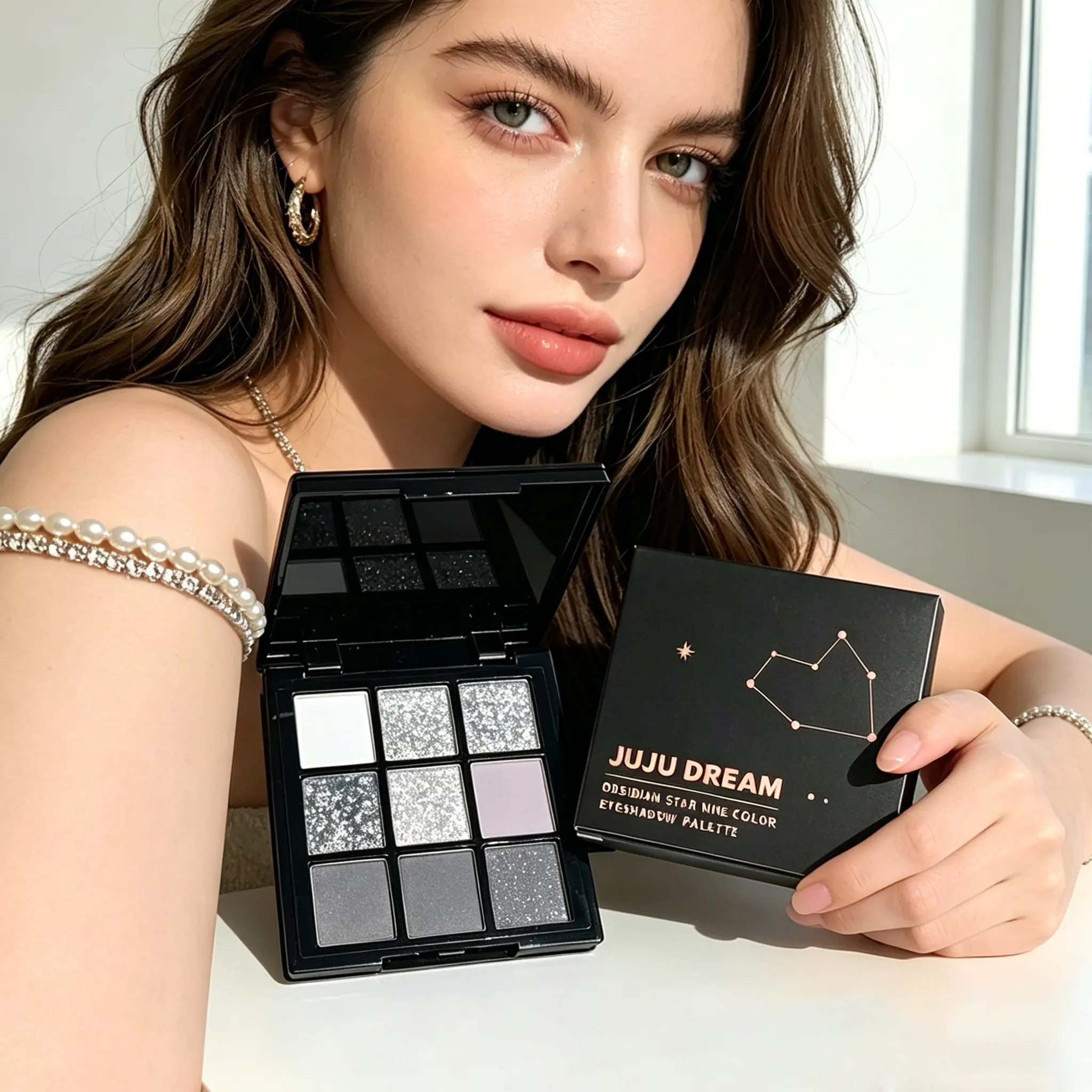 JUJU DREAM 9 Shades Cool Grey Smoky Eyeshadow Palette, Ultra-smooth fine powder with waterproof long-lasting anti-smudge formula, easy to blend, create edgy grunge smoky eye, Glitter Eye Makeup & dazzling silver glitter party eye looks