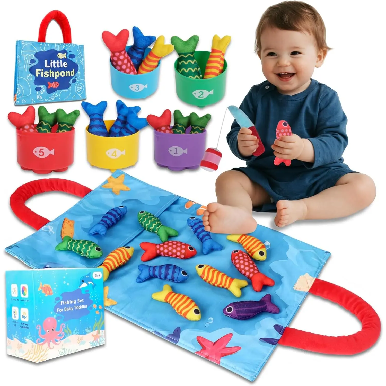 Fishing Toy  Babies 6-18 Months, Soft Cloth Ocean Sensory Toy with Stacking Cups & Color Sorting, Early Learning Toy, First Birthday Gift  Boys Girls New model travel educational