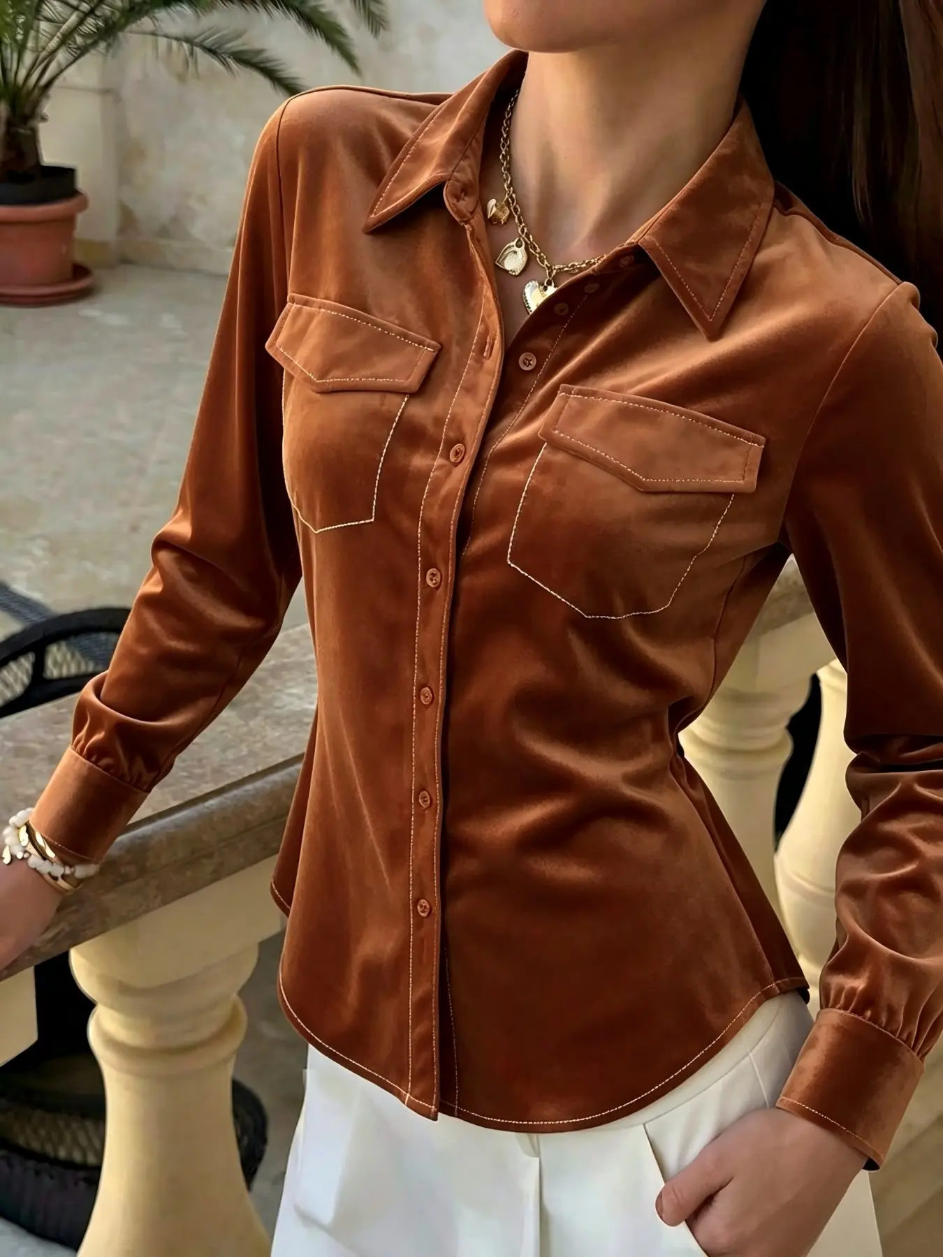New Fall Winter Maroon Soft Velvet Long Sleeve Blouse Shirts, Contrast Stitching Notched Lapel, Dual Workwear Pockets, Elegant Fitted Design