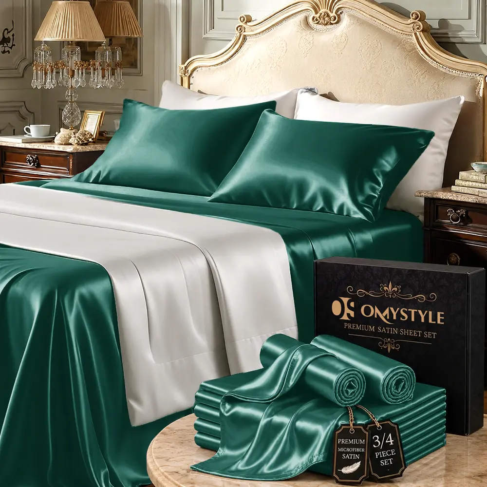 OS OMYSTYLE Luxury Satin Silk Bed Sheet Set - Premium Breathable Cooling Skin-Friendly Smooth Fabric, Deep Pocket Fitted Sheet, Durable Double Stitching, Hair & Skin Care, Hot Summer Suitable, Machine Washable Quick Dry, Silk Bed Sheets