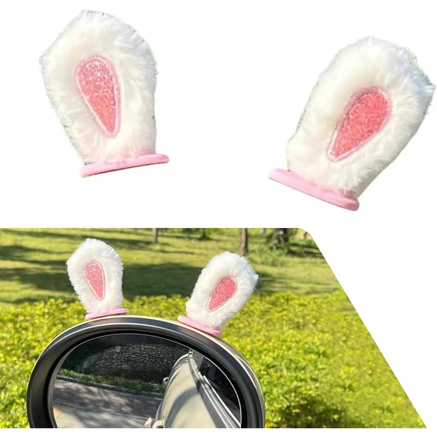Cute Plush Bunny Ears Decoration for Car Rearview Mirror, Small Rabbit Ears Decor for Car Dashboard Motorcycle Helmet (White)