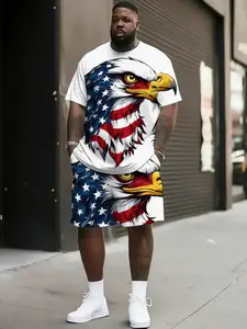 Men's Plus Size Short Sleeve Shorts Set, American Flag Color Eagle Print, Casual Sporty Outdoor Wear, Loose, Comfortable and Stylish