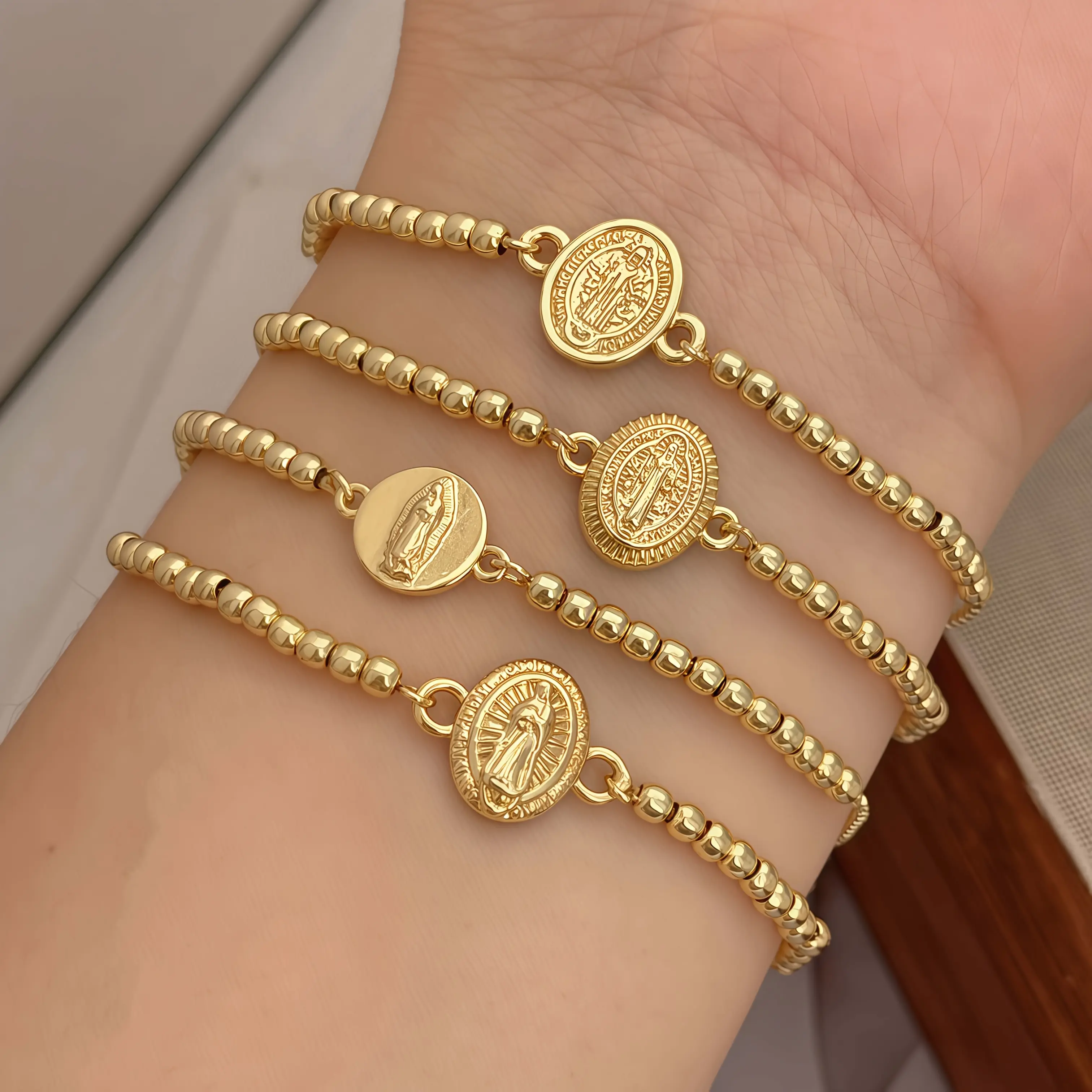 14K Copper Gold Plated Beaded Stretch Bracelet Dainty Aesthetic Vintage Round Coin Our Lady of Guadalupe Virgin Mary Medal Bracelet Catholic Religious Faith Amulet Stackable Statement Jewelry Everyday Daily Prayer Church Wear Baptism Birthday Holiday Gift