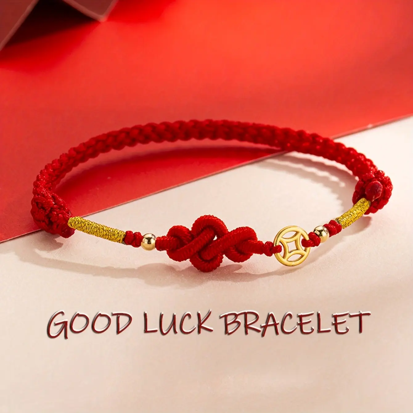 Unisex 1-Piece Handmade Red Rope Braided Chinese-Knot Coin Charm Bracelet, Copper Nylon Material, Casual Use Fashion Jewelry Gift, One-Piece