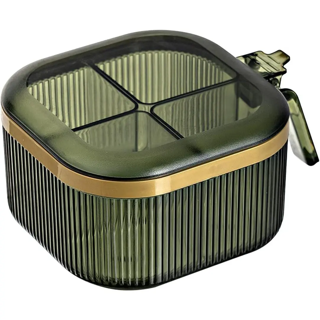 4 Compartments Seasoning Box With Lid Clear Plastic Seasoning Storage Container with Serving Spoons Kitchen Condiment Jars Set(Green)