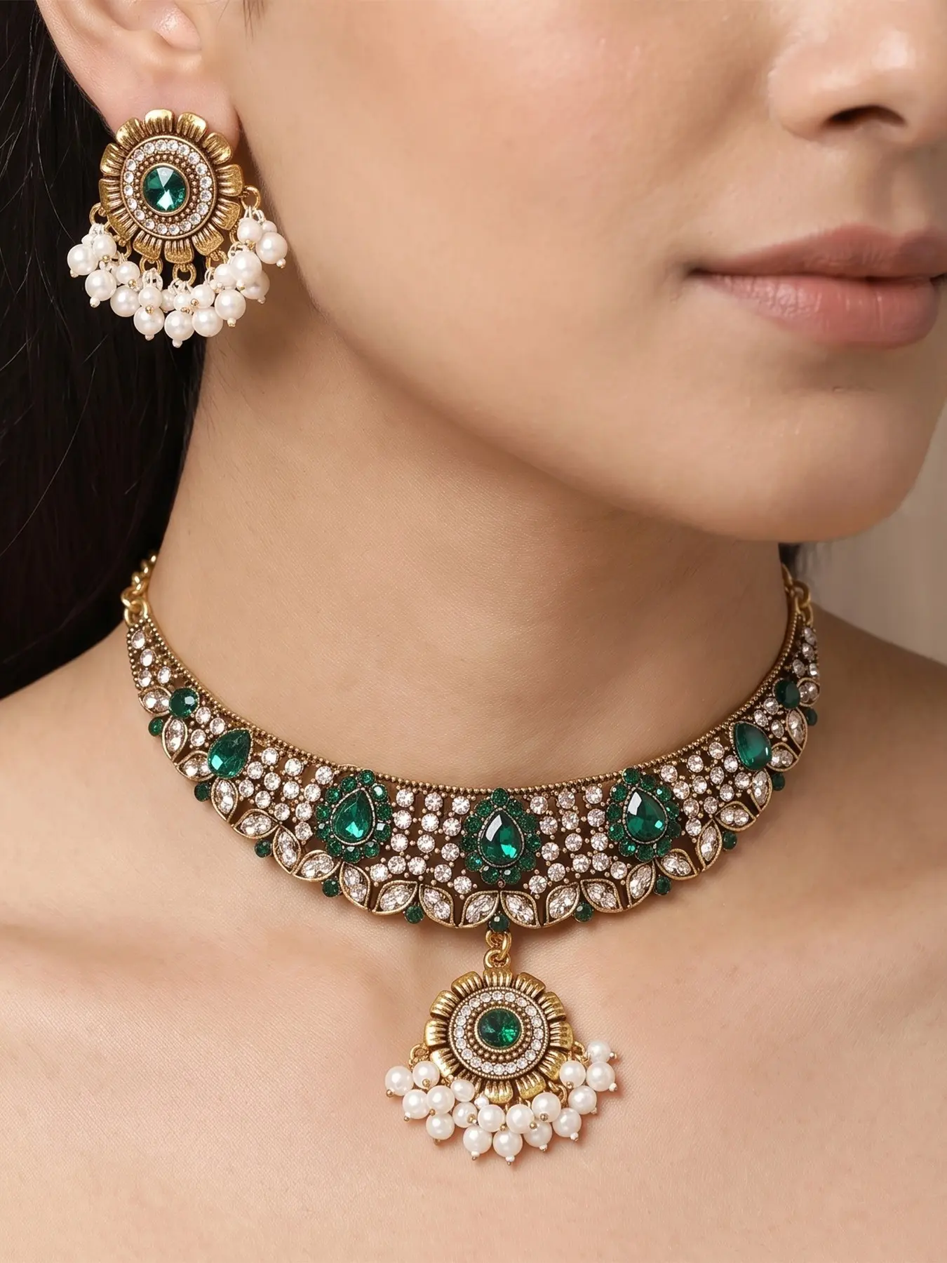 Vintage Indian Inspired Jewelry Set for Women, Necklaces Earrings Set, Antique Gold Tone Stone Choker Necklace and Matching Earrings with Faux Pearl Tassels, Boho Wedding Party Accessories.Available in Green and Red