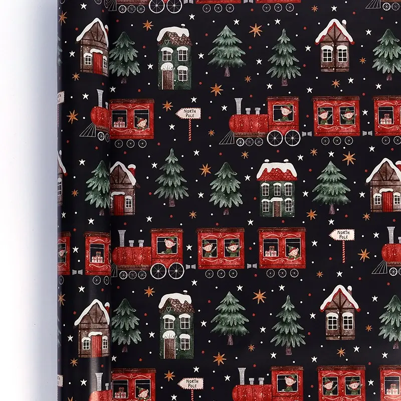 Heavy Duty Thick Christmas Wrapping Paper Roll (16.9x118.1in), No-tear Vintage Black Christmas Train and Snow Cabin Pattern DIY Gift Wrap, Nesting Party Winter Village Theme Box Covering, Xmas Eve Parcel Dressing Materials