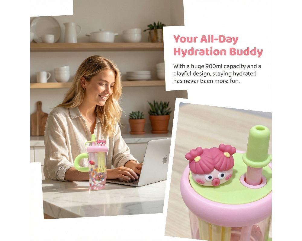 900ml High-Capacity Straw Tumbler Cute 3D Character Lid & Large Handle Portable Water Bottle with Built-in Tea Filter BPA-Free Heat-Resistant Cup for Iced Tea & Coffee Aesthetic Color-Blocking Drinkware