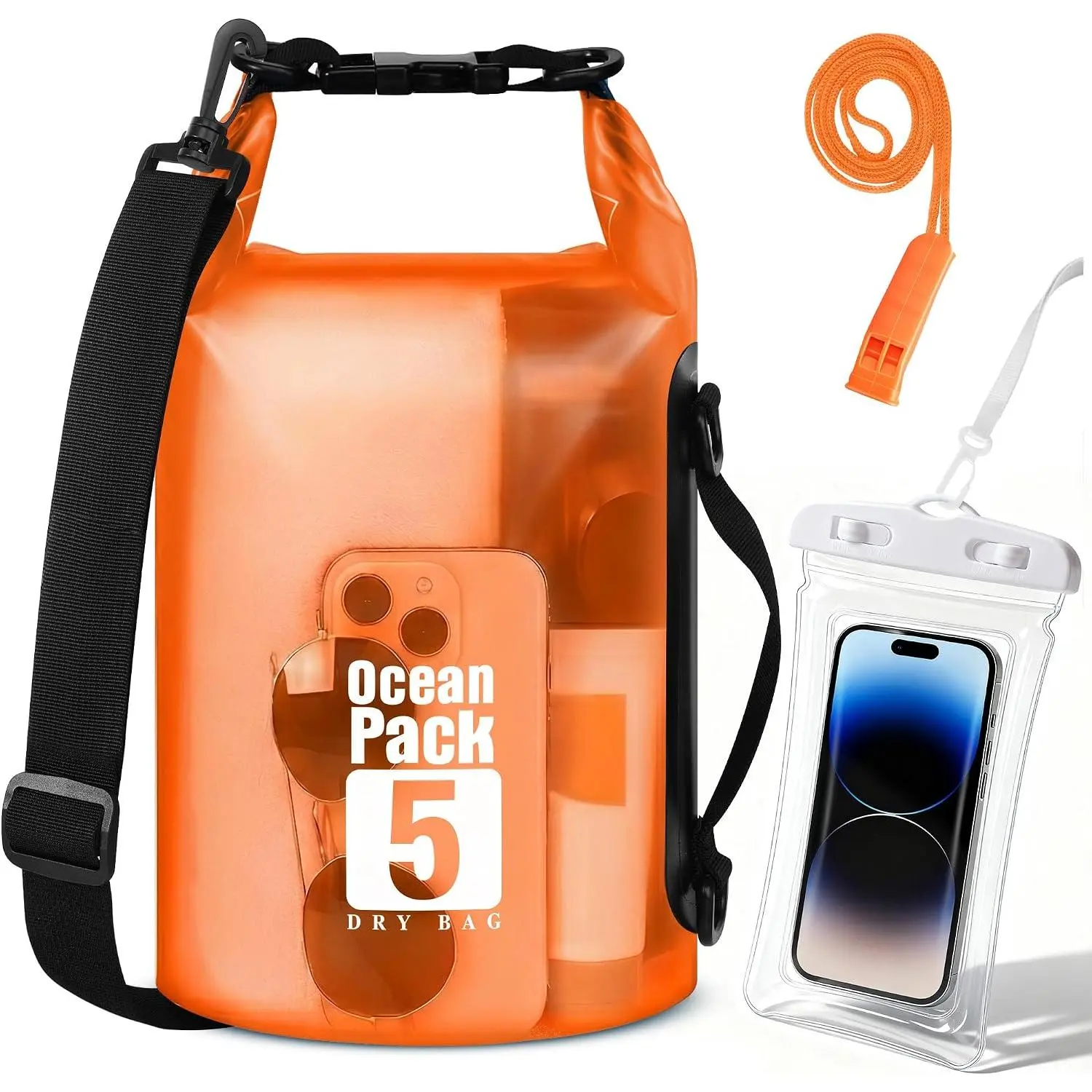 Dry Bag  for Men Women - 5L Lightweight Roll Top Dry Sack with  Phone Case and  Whistle, for Kayaking Swimming Boating Paddle Board Fishing Beach Hiking Camping