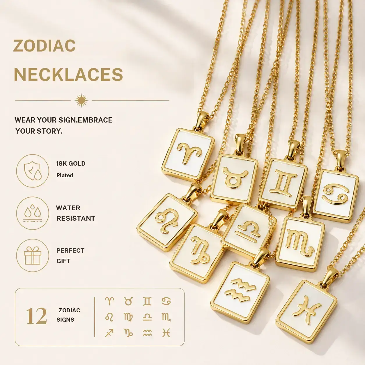 Trending Gold Zodiac Necklace | 18K Plated Enamel Constellation Pendant, Waterproof Astrology Jewelry, TikTok Viral Personalized Sign Necklace