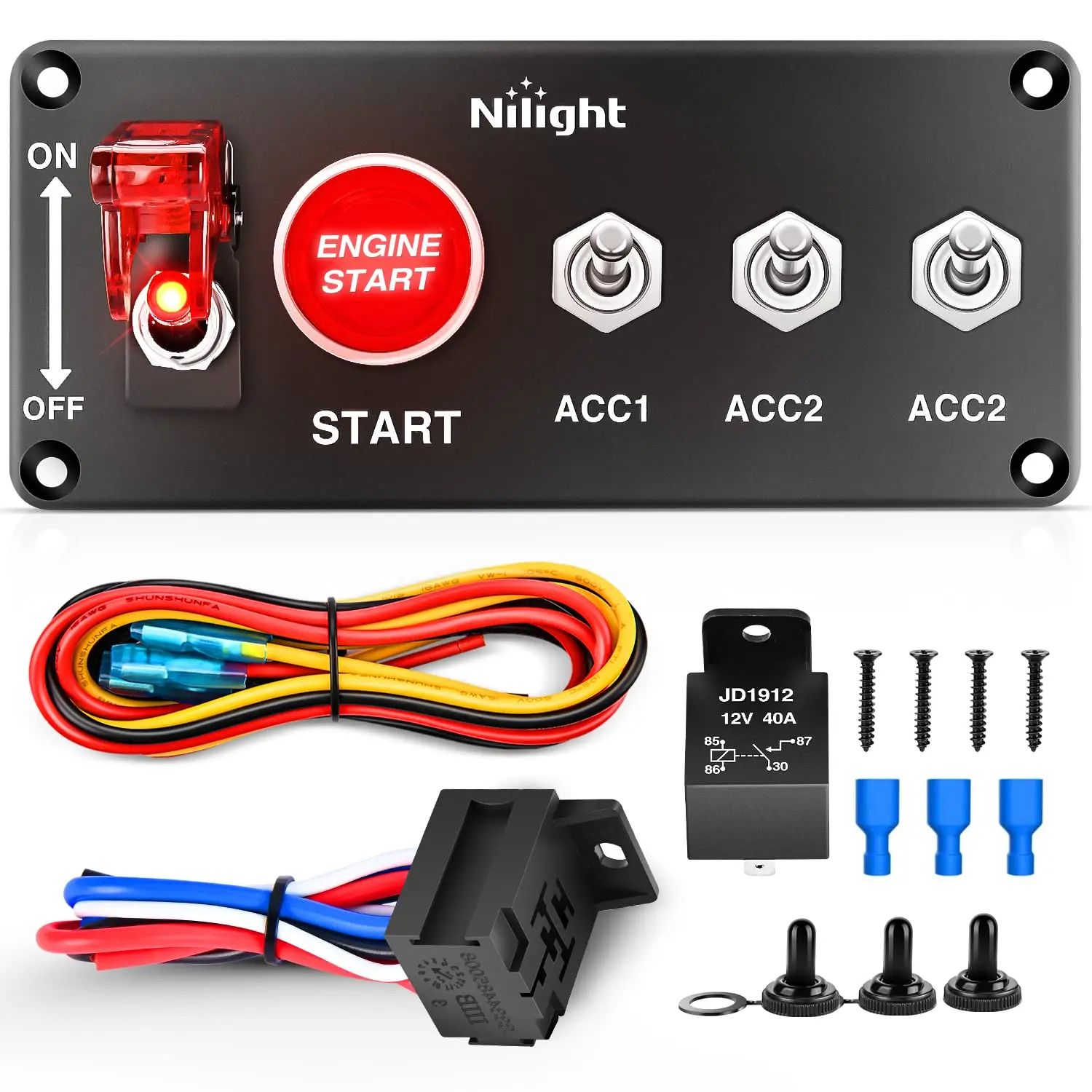 Nilight 12V 5-in-1 Ignition Rocker Switch Panel Kit with Engine Start Push Button Toggle Switches, Relay Harness, LED Lights for 12V Systems, Marine Boats, RV/Truck Users (Panel Mount)