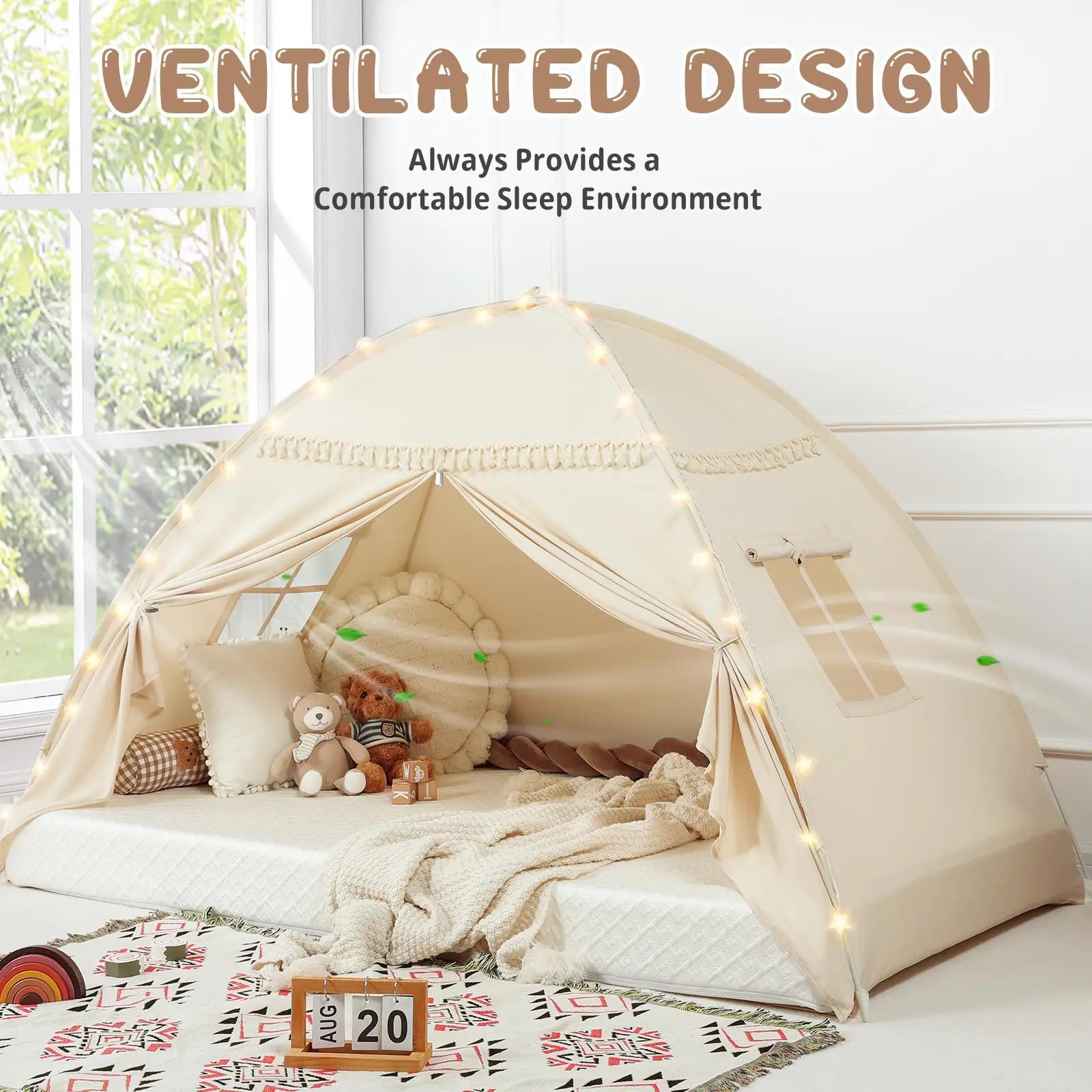 Sumbababy Large Kids Play Tent with Tassel,Star Light Bed Tent Canopy with Lights & Flags, Indoor Floor Bed for Girls and Boys, Portable & Foldable Teepee for Twin Bunk Bed, Cute Cozy Playhouse, Summervibes, Summerwins, DealsForYouDays