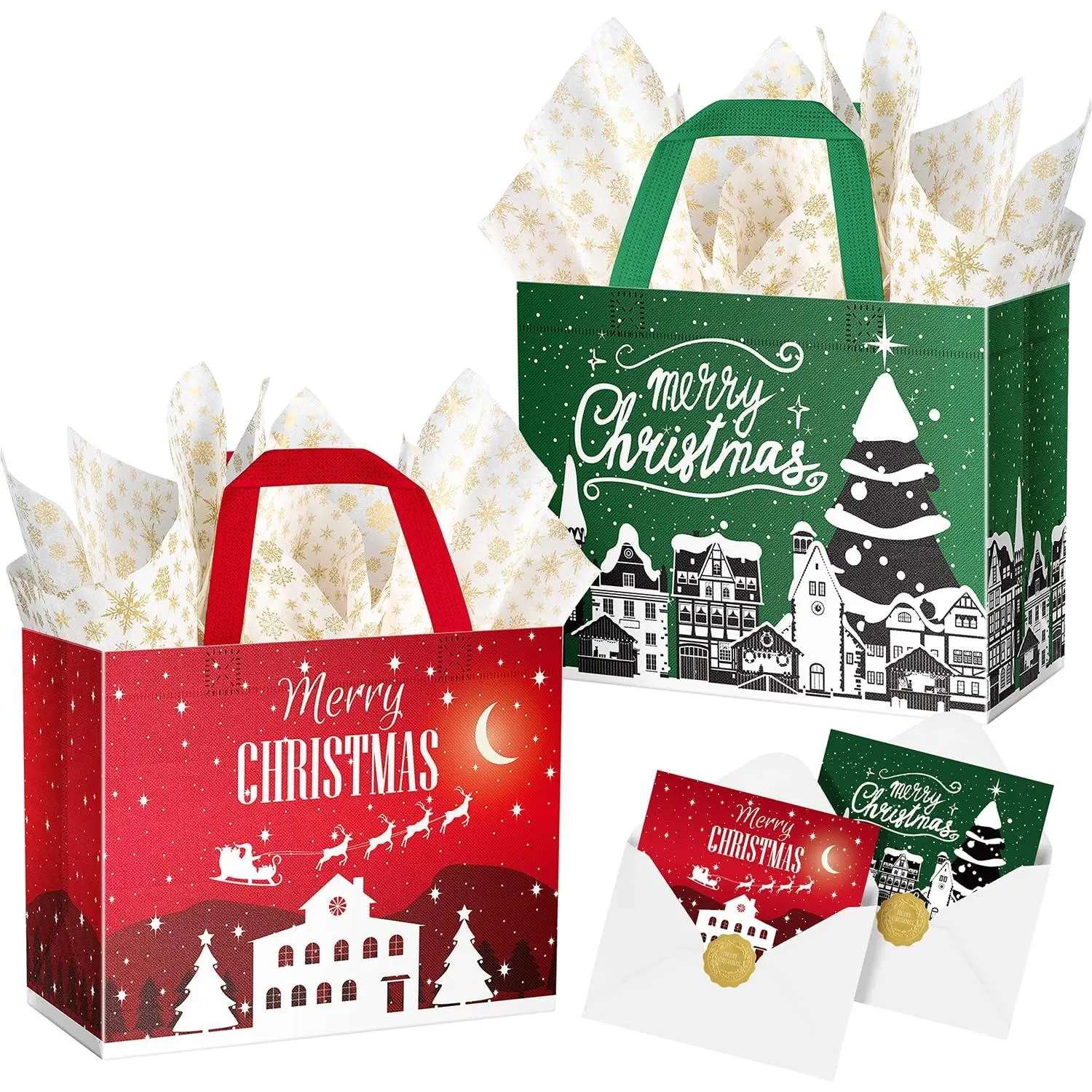 2 Pack Large Christmas  Bags with Tissue Paper, Cards, Envelopes &  Seals, 12.6×9.8×6.7 Inch  Non-Woven Holiday Tote Bags with Handles, for Xmas Presents Wrapping & Party Supplies