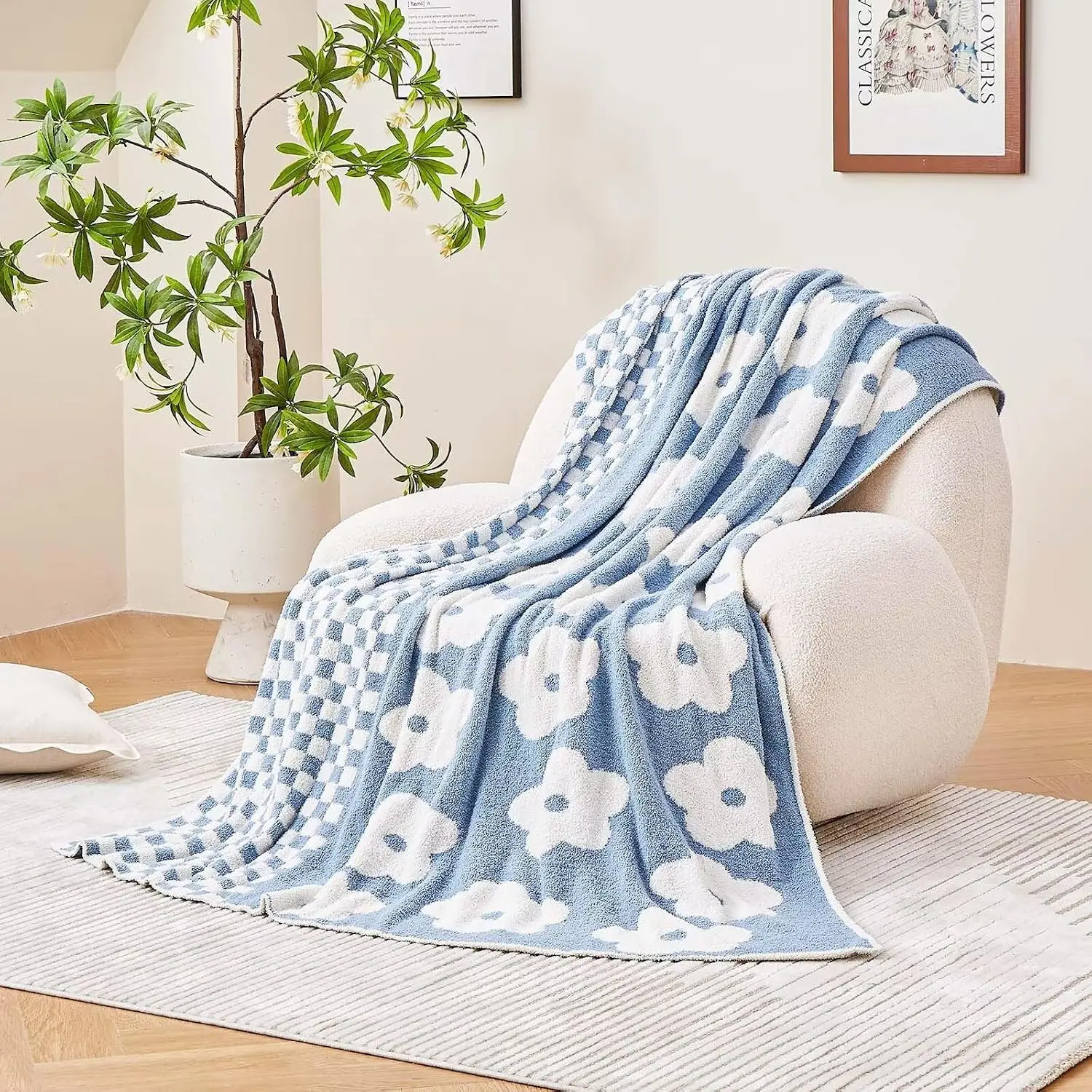 Checkered Throw Blanket, Dusty Blue Super Soft Knit Breathable Throw Blanket, Cozy  Reversible Checkerboard Flower Fuzzy Blanket for Couch Sofa Bed Living Room Decor 60 x 80 Inch