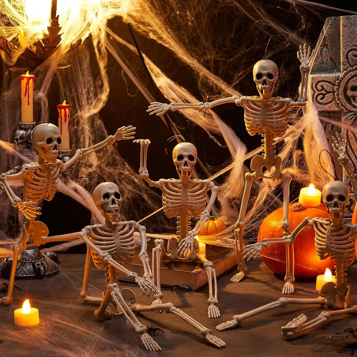 5 PCS Posable Halloween Skeleton Decor 16 Inches Full Body Posable Joints Hanging Skeletons for Halloween Party Decoration Supplies, Graveyard Props, Haunted House Accessories, Spooky Scene Party Favors
