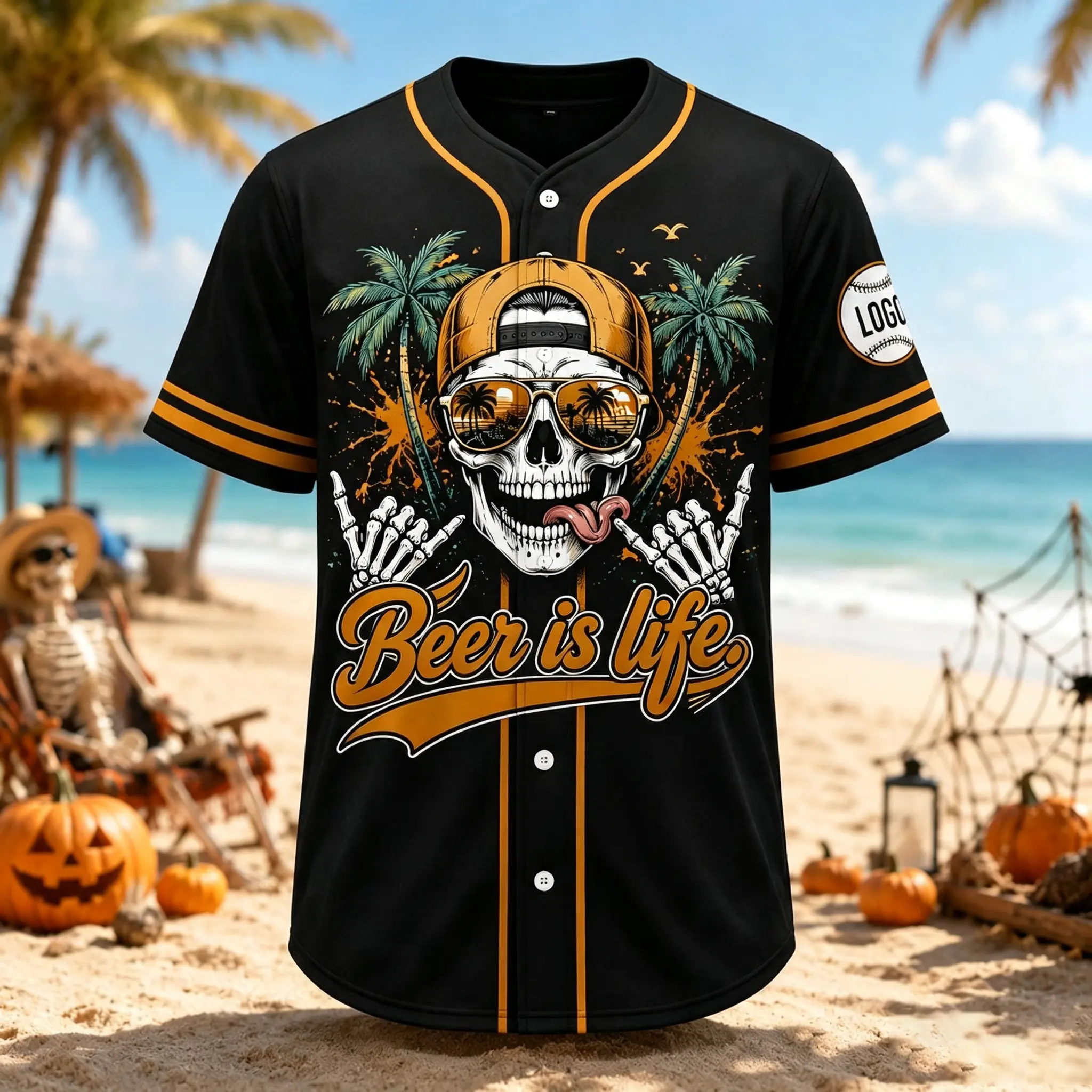 Men Short Sleeve Baseball Jersey Black Skull Holding Beer Mugs Palm Trees Beer Is Life Print Summer Beach Party Halloween Costume