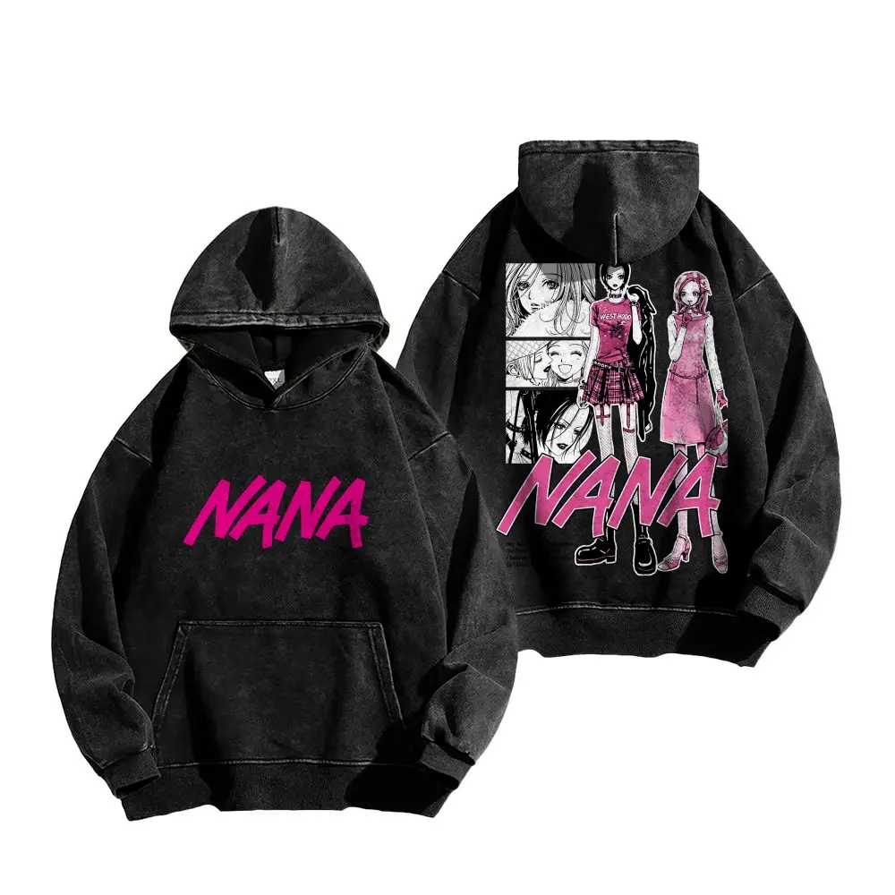 Men Women Vintage Washed NANA Anime Hoodie Front Back Manga Character Print Oversized Streetwear Pullover Hooded Sweatshirt
