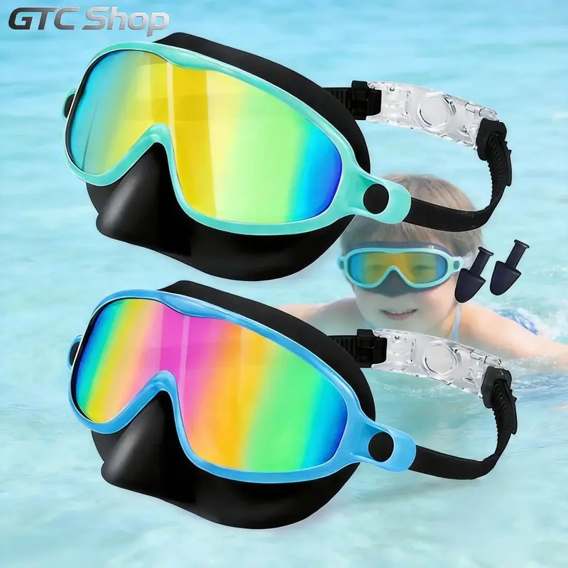2-Pack Rainbow Mirrored Swimming Goggles with Nose Cover, Anti-Fog UV Protection Leakproof Lens, Adjustable Silicone Strap, Soft Seal & Earplugs for Unisex Adults Swimming, Diving & Snorkeling in Pool, Beach, Lake Activities