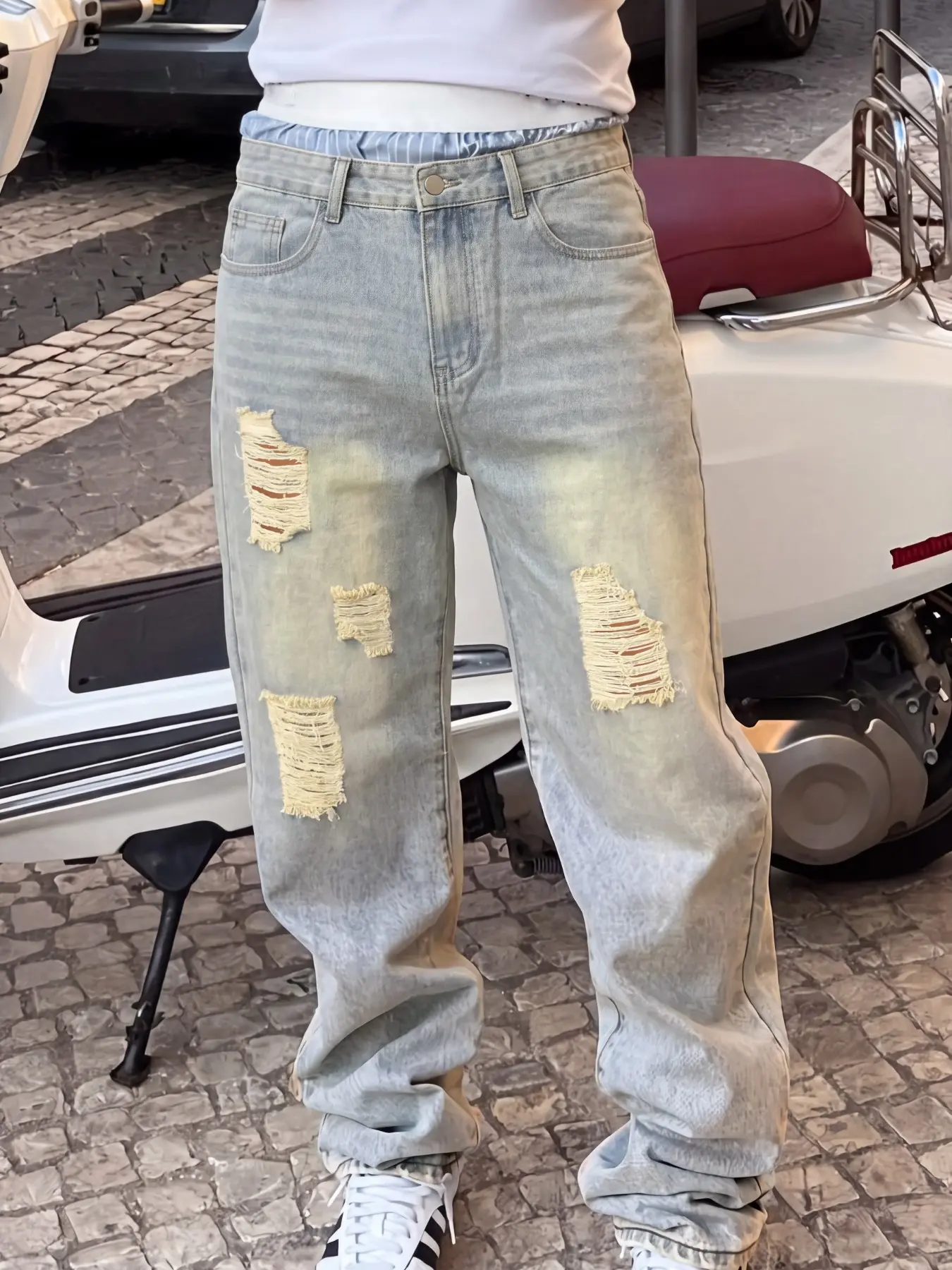 Men's American Vintage Loose Wide Leg Ripped Jeans, Washed Distressed Wearable Craft, Street Fashion, All Seasons Wear