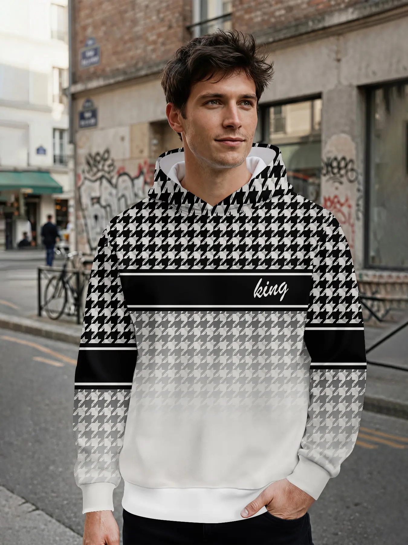 Men's hoodie with 3D digital print featuring minimalist English text, gradient black-white-grey houndstooth and horizontal stripes, all-over printed patterns. It stands out for daily streetwear and music festival outfits, making an ideal holiday gift for