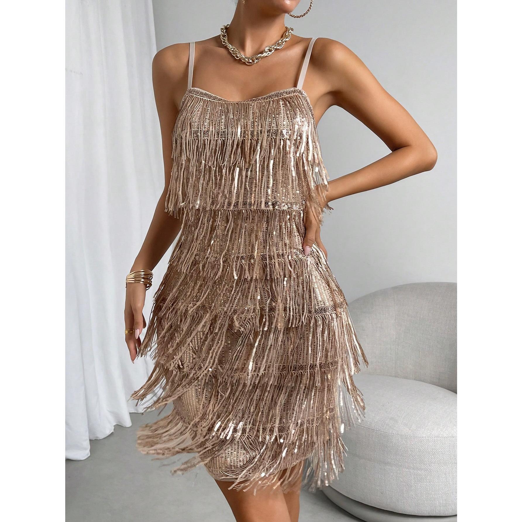 Women's Elegant Gorgeous Fringe Sequins Bodycon Cami Dress, Night Out Party Club Dress, Holiday Dress Formal Womenswear