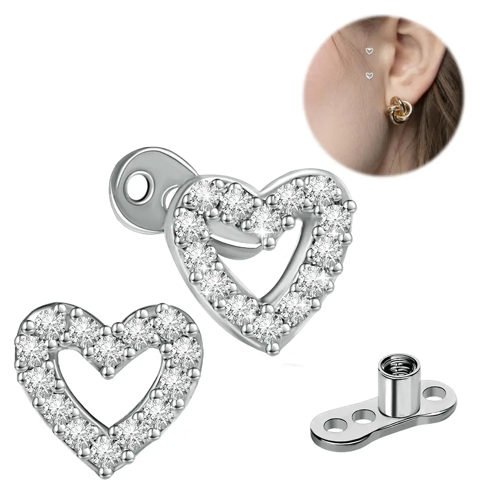 Microdermal Gems for Piercings, 2-Piece 14g Titanium Steel Heart-Shaped Dermal Anchor Studs with Cubic Zirconia Tops for Daily Wear, Sparkling Gems