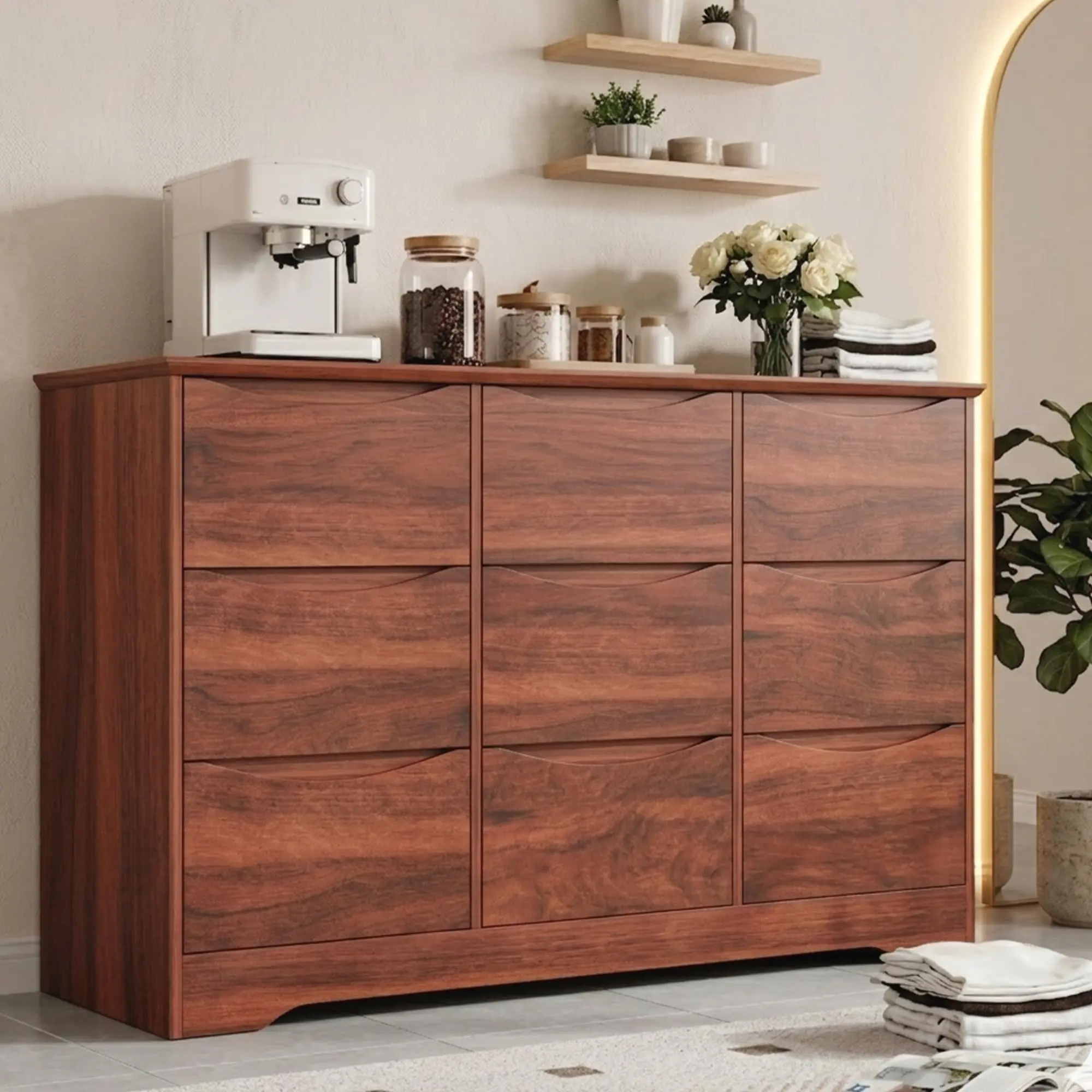Modern 9-Drawer Wooden Dresser with Deep Storage & Wide Top, Red Walnut Chest of Drawers with Hidden Handles for Bedroom & Living Room
