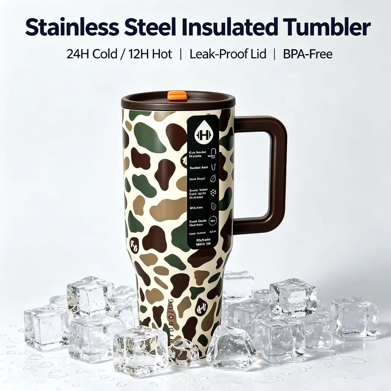40oz Camo Print Insulated Stainless Steel Tumbler, Leakproof, Handle & Straw Included, 24hr Cold Retention, Car Cup Holder Friendly