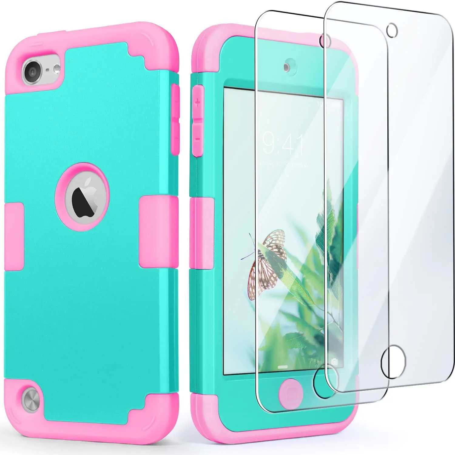for iPod  Case with 2 Screen Protectors, 3 in 1 Hard PC Case +  Shockproof for  Heavy Duty Hard Case Cover for iPod  7th/6th/5th Generation,Red+Gray