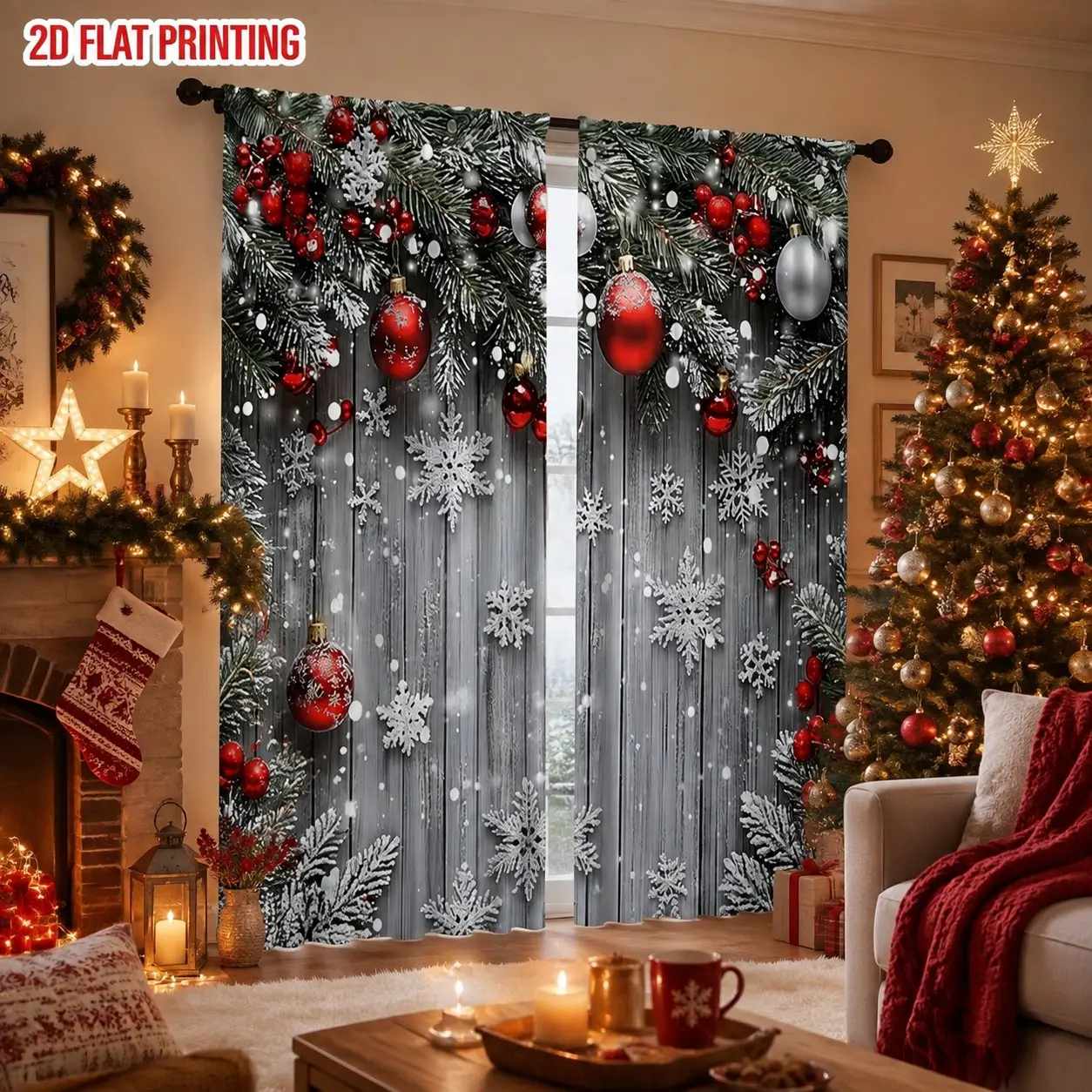 2-Piece Christmas Printed Semi-Blackout Curtains with Pine Branches Ornaments Snowflake Wood Grain Design for Home Bedroom and Living Room Festive Decor, Holiday Home Hanging Decorations