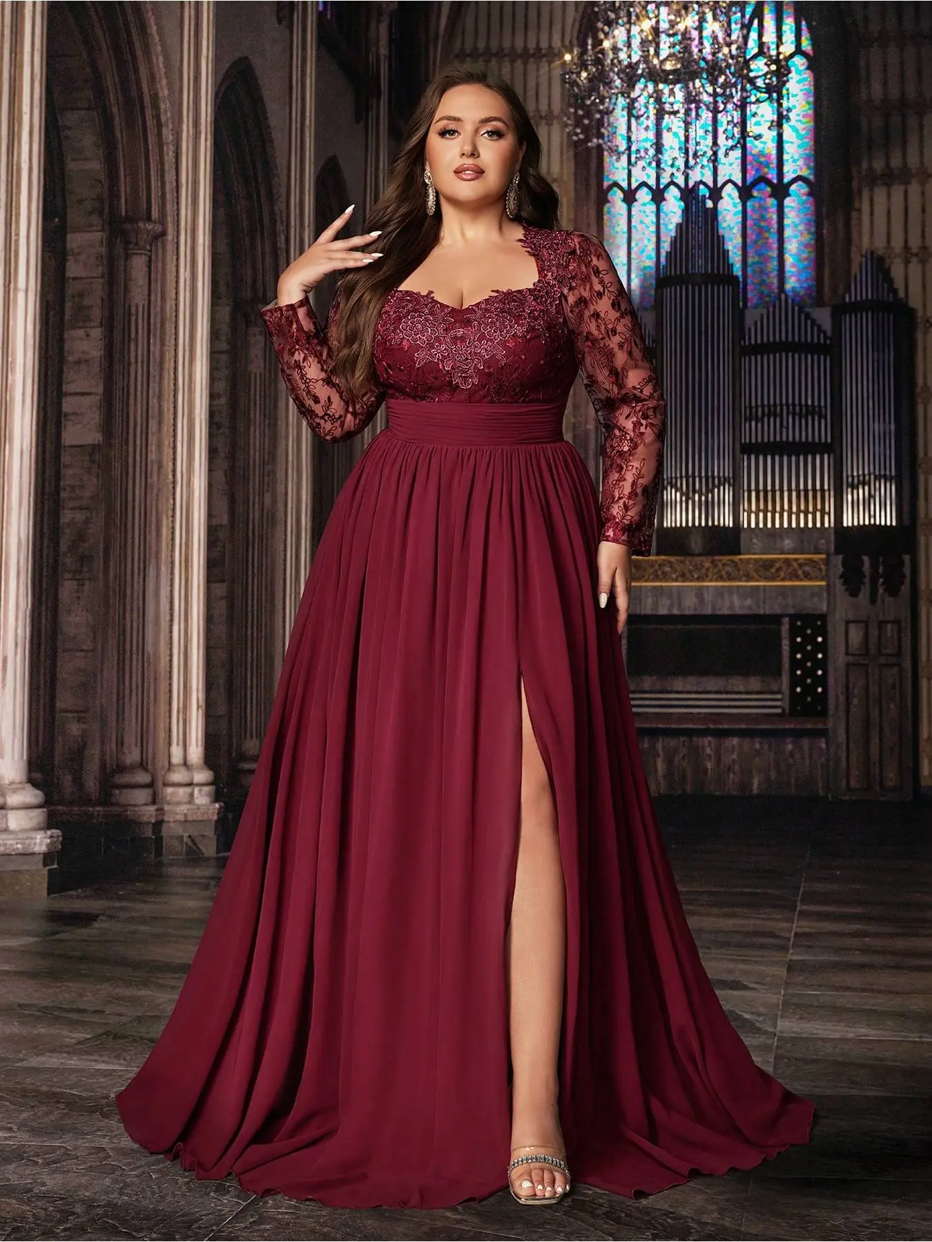 Demure Elegant Plus Size Ladies Solid Color Applique Mesh Splicing Long Sleeve Chiffon Evening Wear Gown Dresses