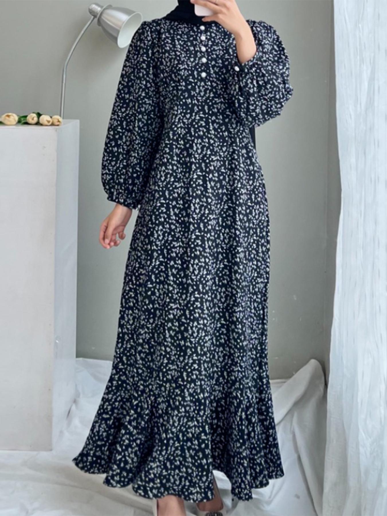 Women's Ditsy Floral Print Button Front Bishop Sleeve Ruffle Hem Flowy Long Dress, Casual Islamic Modest Style Clothing Modesty Wear Muslim Dress for Daily Wear Long Sleeve Dresses