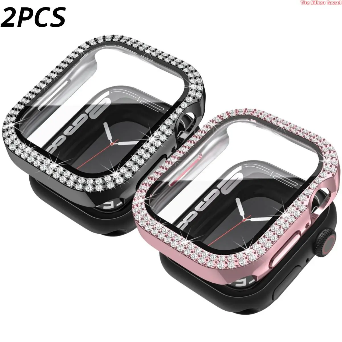 2PCS Electroplated Double Row Rhinestone Integrated PC Case With Tempered Glass, Full Protection Cover For Apple Watch Series5-11 Ultra All Sizes (No Watch Included) Wearable Accessory Wearable Tech Accessories tiktokshopbacktoschool