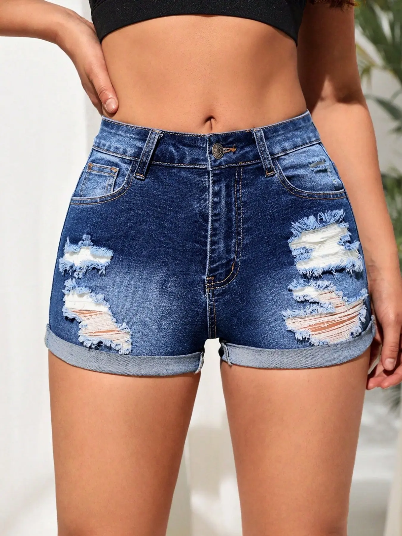 Deep Blue Ripped Hem Denim Shorts, High Waist Flare Fit Slimming Casual Style Hot Pants, Trendy Streetwear for Women, Bottoms