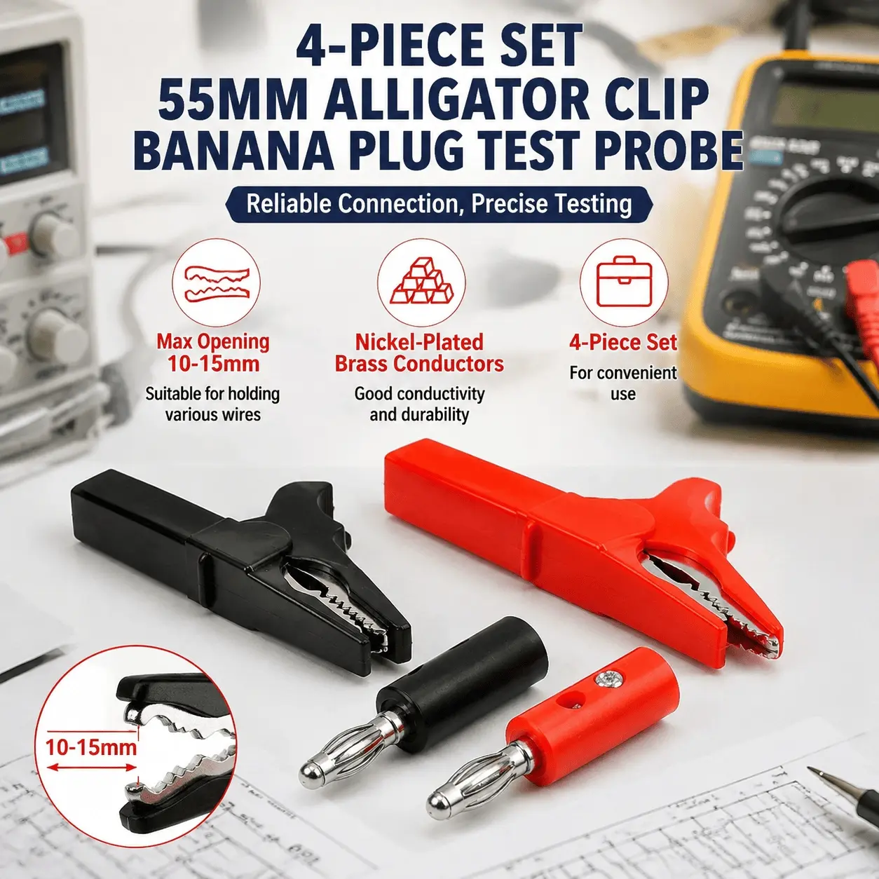 Professional Red Black Alligator Clips Set with Banana Plugs, High Conductivity Copper Circuit Test Clips, Insulated Safety Multimeter Test Leads, Large Spring Jumper Wires for Electrical DIY Projects & Repair
