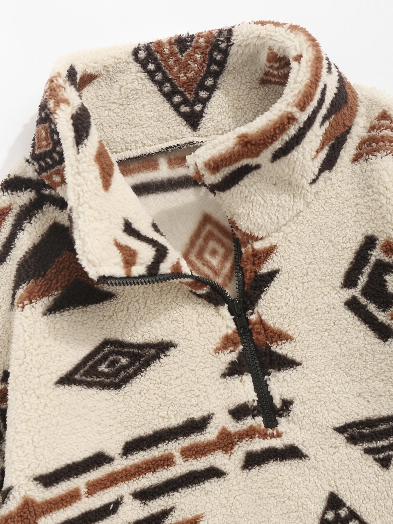 Men's Ethnic Pattern Drop Shoulder Zipper Sweatshirt, Regular Fit Casual Comfy Long Sleeve Stand Collar Pullover for Fall & Winter, Men's Clothes