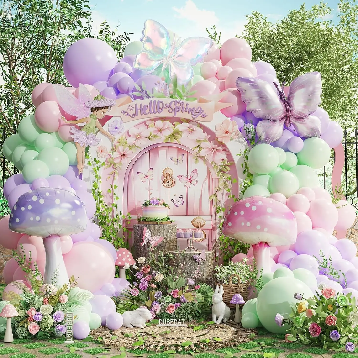 Pastel Balloon Arch Garland Kit - 159Pcs Mix with Pink, Purple, Green, Mushroom, Butterfly Print Balloons, Graduation Party Decor, Birthday Party Decor for Girls' Fairytale Spring Garden Events