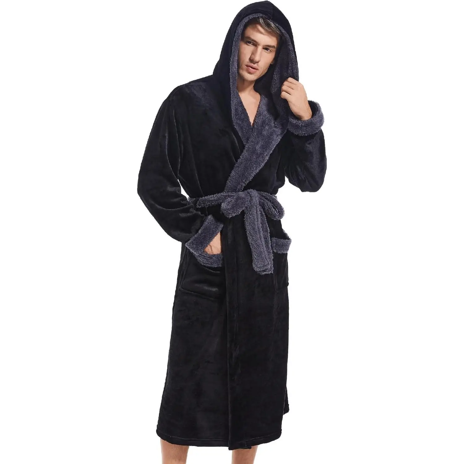 Inner Wish Mens Hooded Robe, Plush Long Highly Absorbent Bath robes Cozy Warm Bathrobe Fuzzy male Spa Robe With Pockets
