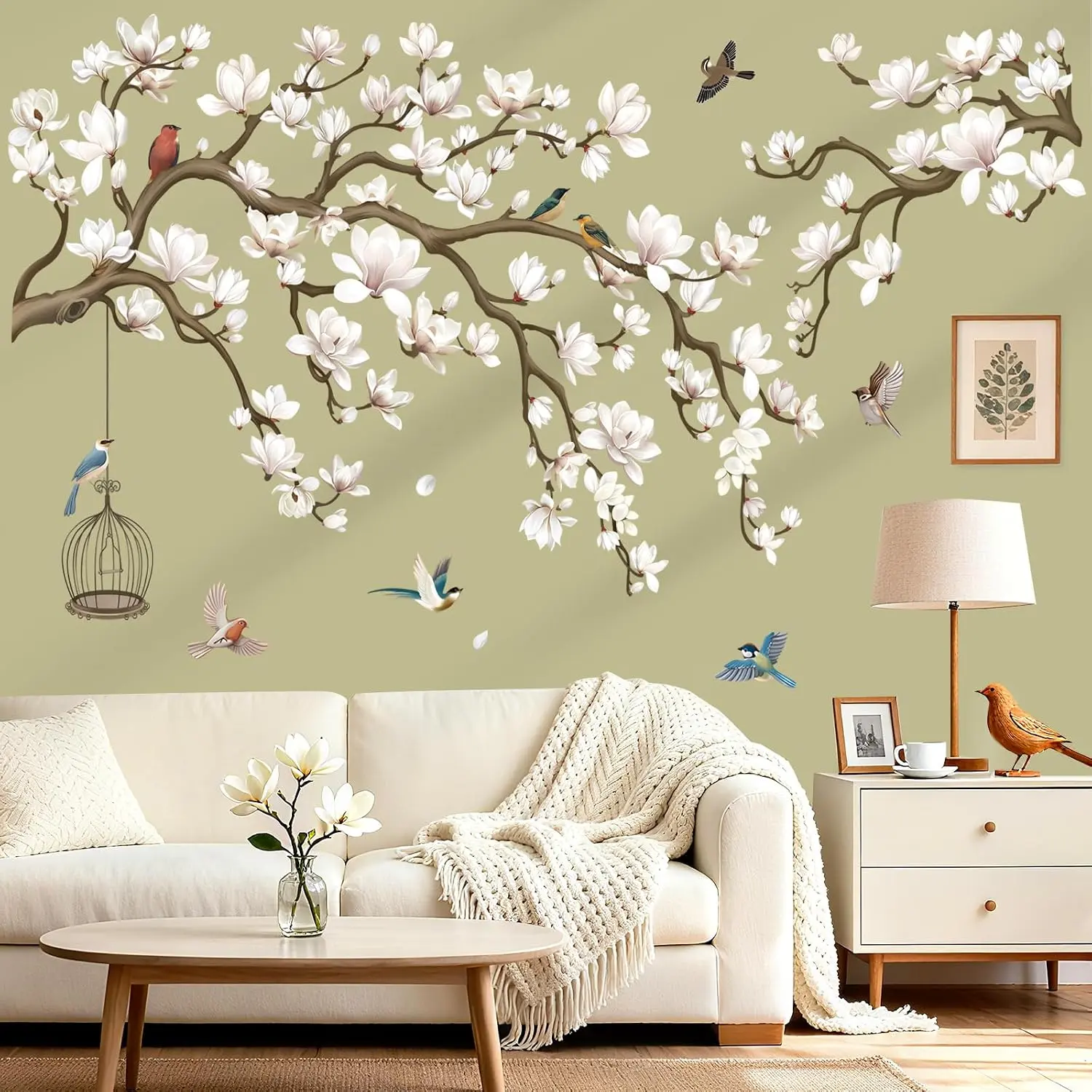 Magnolia  Tree Branch Wall Stickers White Floral Birds Peel and Stick Wall Art  for Living Room Bedroom Sofa
