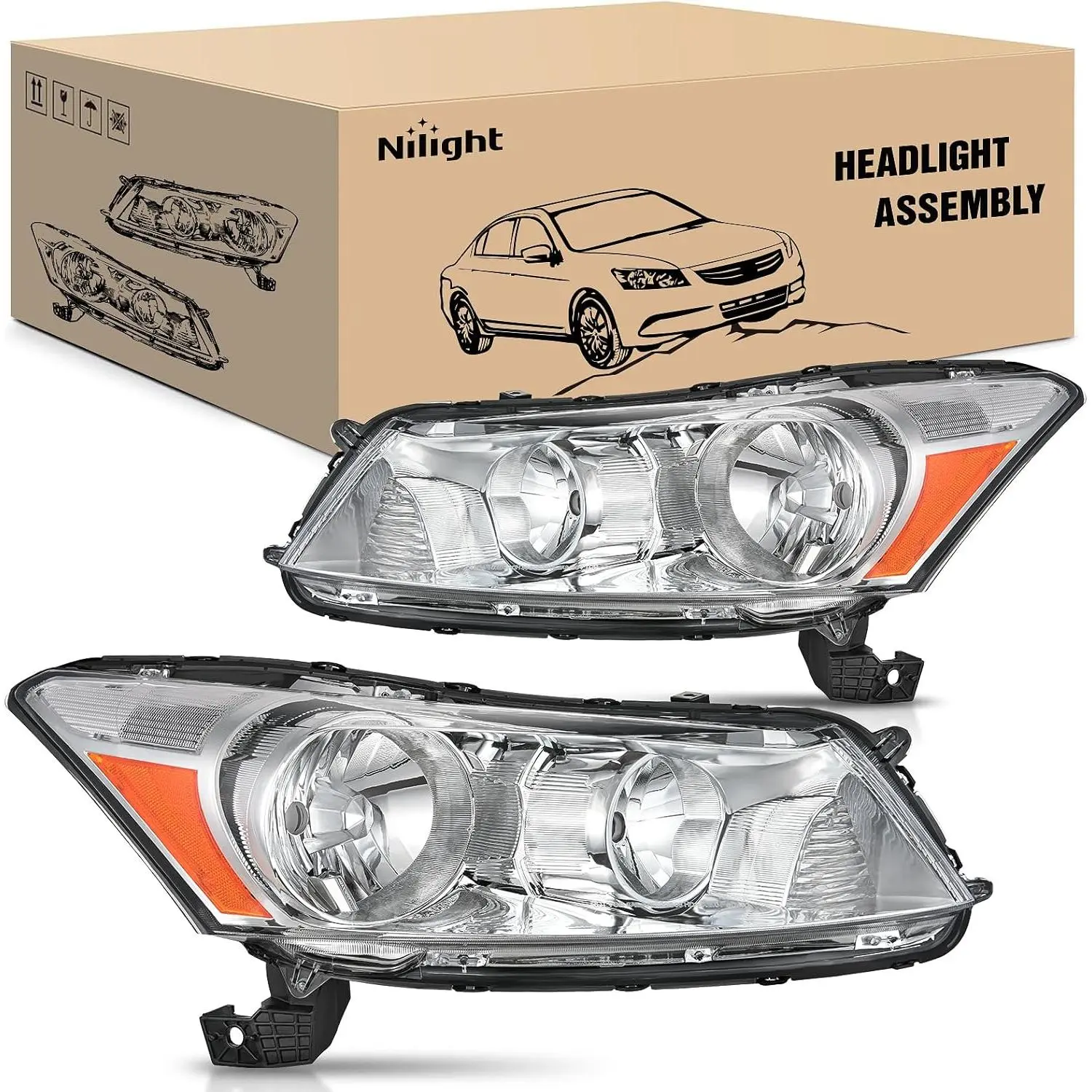 Nilight Headlight Assembly for Honda Accord Sedan 2008-2012 - Chrome Housing, Amber Reflector, High Beam Bulb, Auto Accessories, Vehicle Lights