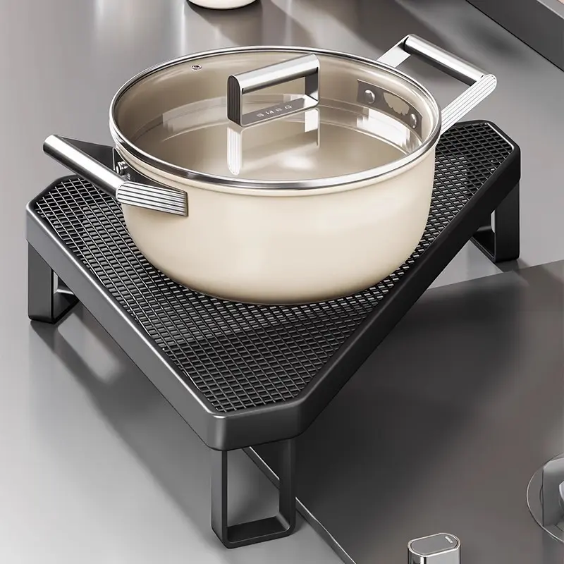 Corner Pot Storage Rack, Makes Full‑use of Stove Corner and Keeps Countertops Tidy, For Kitchen Counter and Cooktop Area, Thick Powder‑coated Iron with Non‑slip Grid, Sturdy Cookware Holder.