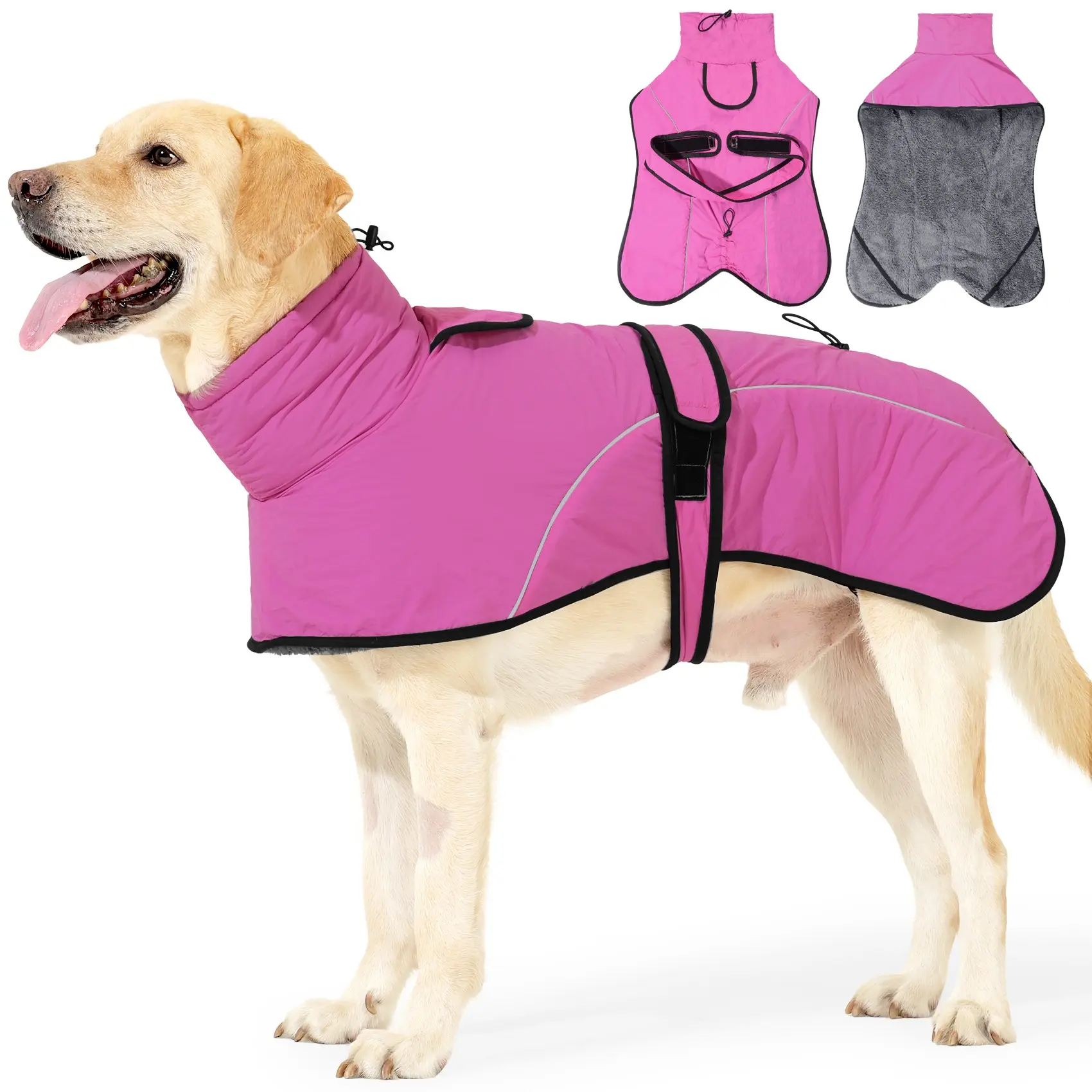 Dog winter mid to large dog high neck warm cloak, thickened with fleece to keep warm and isolate rain and snow. Outdoor traction jacket suitable for worry free outdoor play in snowy weather