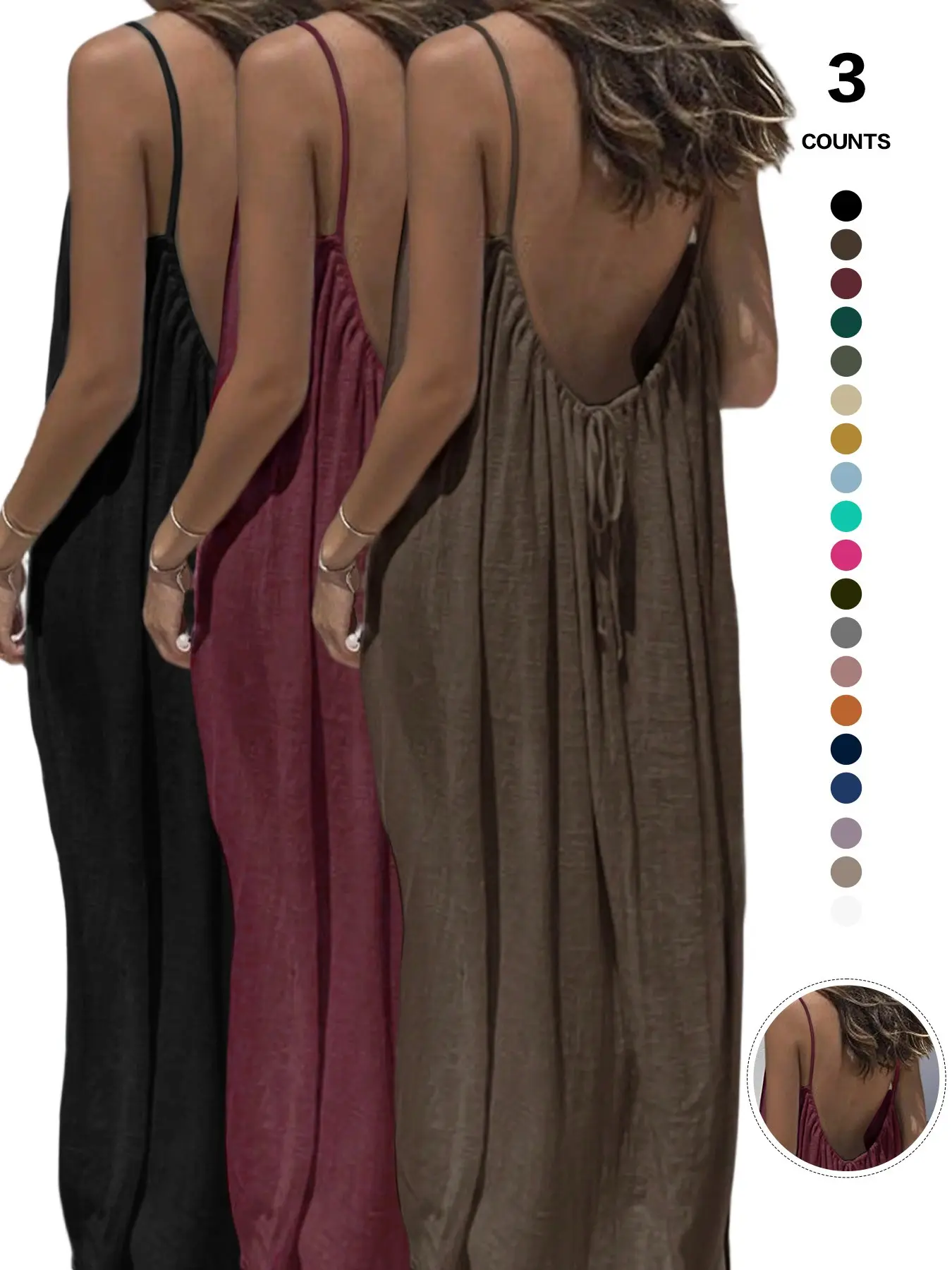 2026 Summer Coastal Grandma Casual Maxi Dress, Scoop Neck Spaghetti Strap, Deep U Hollow Back, Adjustable Drawstring, Flowy Sundress